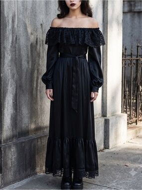 Vintage 70s Black Satin Off Shoulder Prairie Maxi Dress Goth Boho XS
